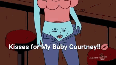 a cartoon of a woman taking off her pants with the words kisses for my baby courtney