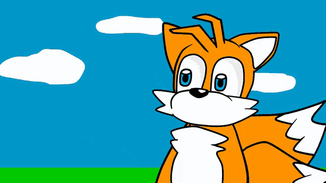 a cartoon drawing of a fox with blue eyes