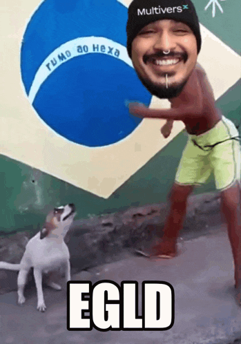 a man and a dog are standing in front of a brazilian flag and the dog says egld