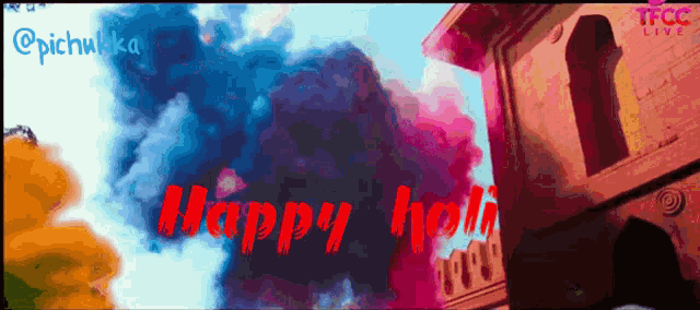 a happy holi poster with a building in the background