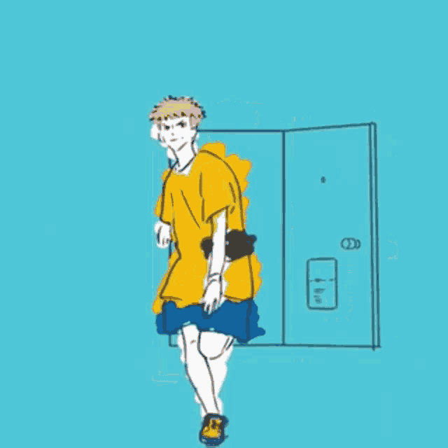 a cartoon of a man standing in front of a door .