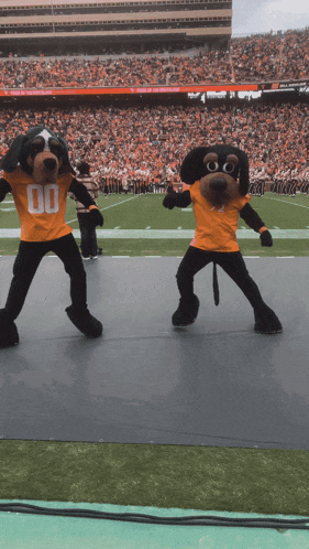 two mascots wearing orange shirts with the number 00
