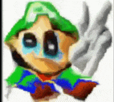 a cartoon character with a green hat and gloves
