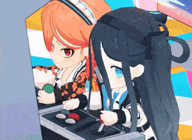 two anime girls are playing an arcade game and one has long black hair
