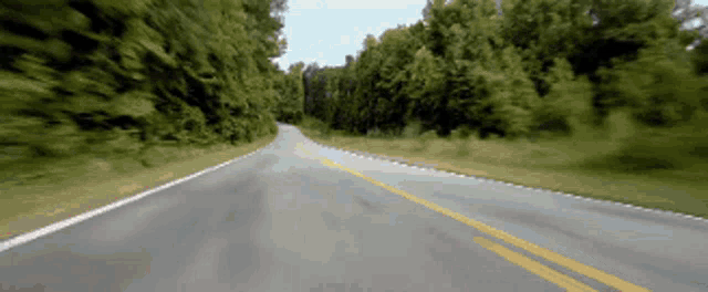 a blurred image of a road with trees on the side