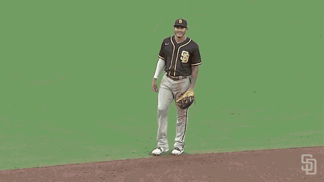 a baseball player wearing a san diego padres jersey is walking on the field .