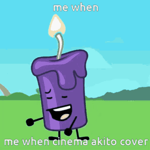 a cartoon purple candle with arms and legs