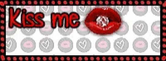 a kiss me sign with a red lip and hearts