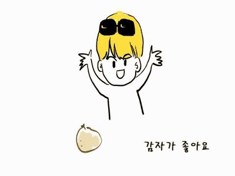 a drawing of a man wearing sunglasses and a potato with korean writing below it