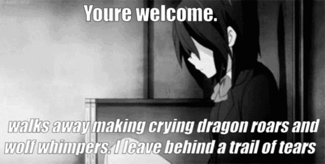 a black and white image of a girl with the words " youre welcome "