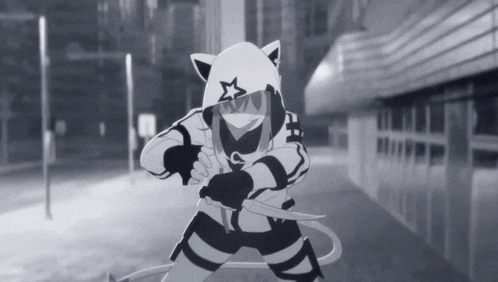 a black and white drawing of a person with a cat ear hood and a star on it