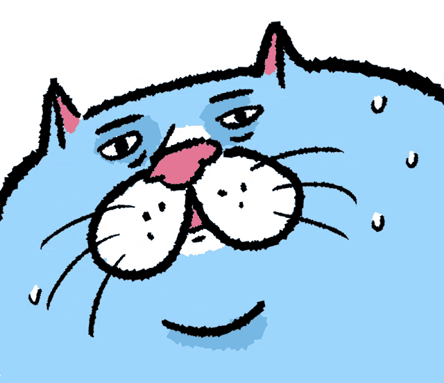 a cartoon drawing of a blue cat with a surprised look on his face