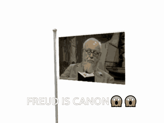 a flag with a picture of a man reading a book and the words freud is canon