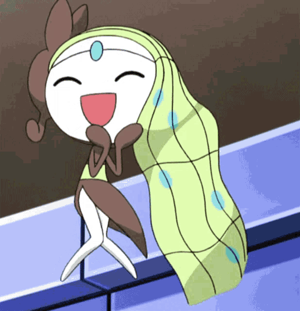 a cartoon character is sitting on a ledge with her mouth open