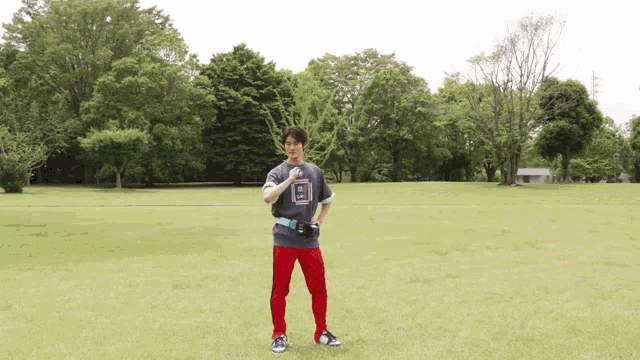 a man standing in a field with a t-shirt that says ' nintendo ' on the front