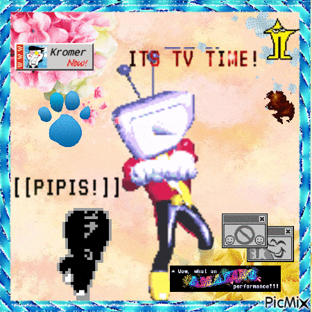 a picture of a video game character with the words " its tv time " on it