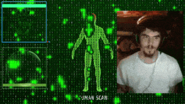 a man wearing headphones stands in front of a screen that says " human scan "