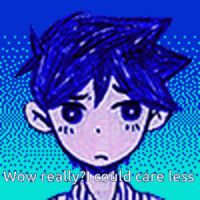 a pixel art of a boy with blue hair saying wow really ? i could care less