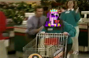 a woman pushing a shopping cart in a store with a purple king on her face