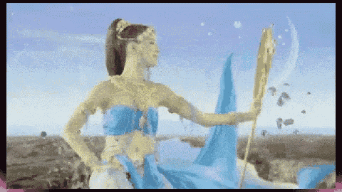a pixelated image of a woman in a blue dress holding a stick