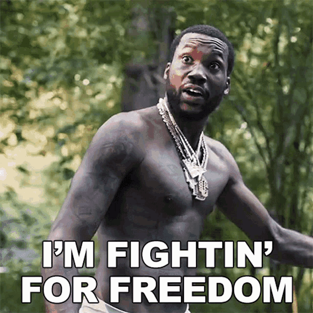 a shirtless man says i 'm fightin ' for freedom while standing in the woods