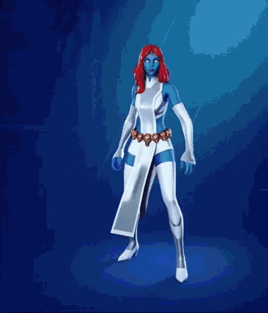 a woman with red hair and blue eyes is standing on a blue background in a superhero costume .