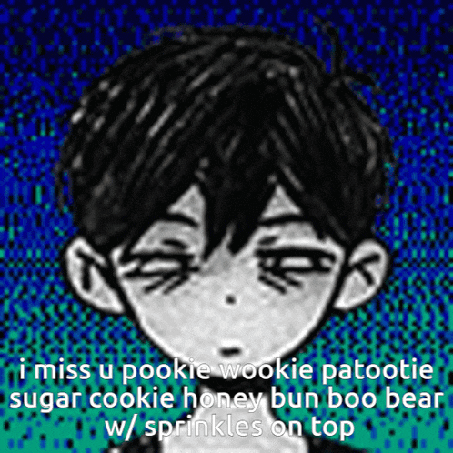 a black and white drawing of a boy with the words i miss u pookie wookie patootie