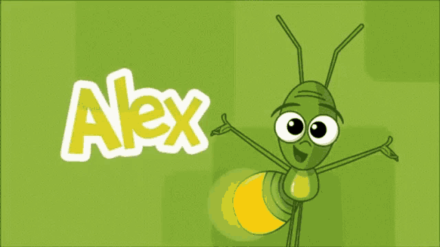 a cartoon ant is standing in front of a green background that says alex