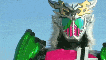 a close up of a masked samurai holding a pink shield and a green shield .