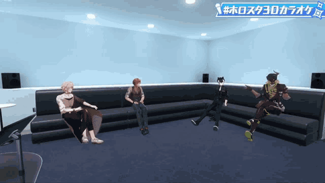 a group of people are sitting on a couch in a room with a blue sign that says #holosta30karaoke