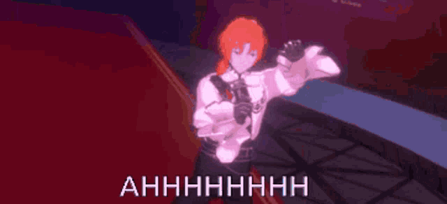 a cartoon character is dancing in a dark room with the words ahhhh on the bottom .