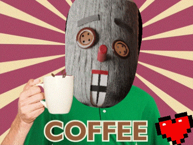 a man in a green shirt holds a cup of coffee