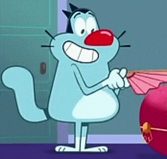 a cartoon cat with a red nose is holding an umbrella in his hand .