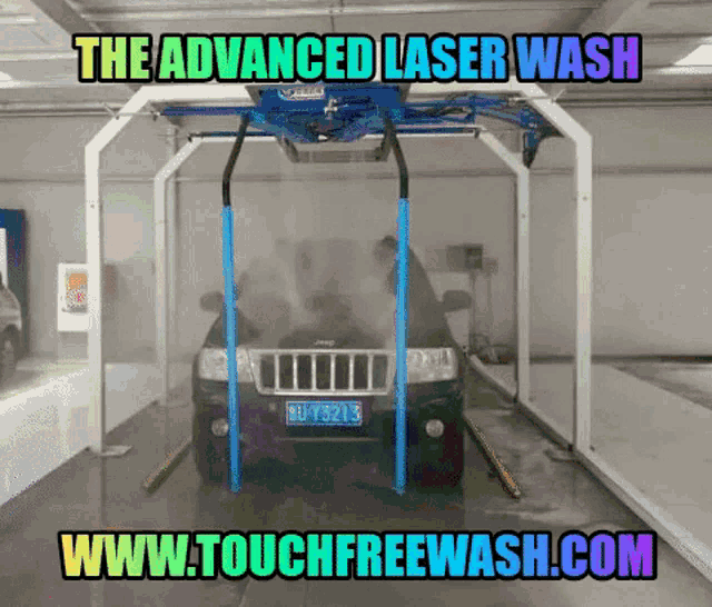 a jeep is going through an advanced laser wash at www.touchfreewash.com