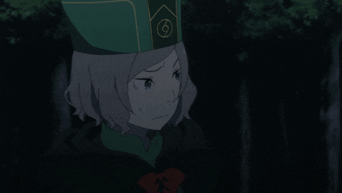 a girl with a surprised look on her face is standing in a dark forest