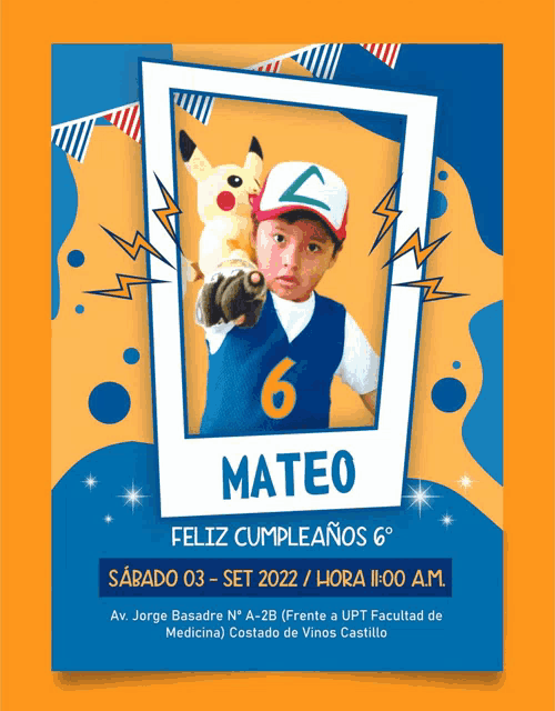 an invitation for mateo 's 6th birthday with a picture of a boy holding a stuffed animal