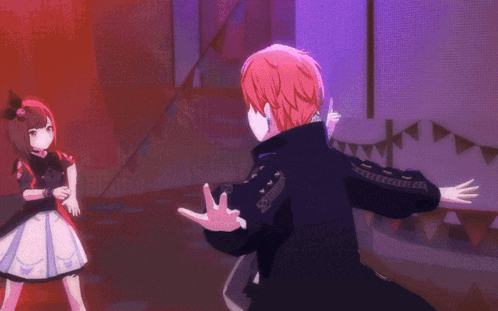 a boy with red hair is standing next to a girl in a black dress
