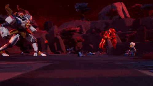 a blurry picture of a robot fighting another robot in a dark room .