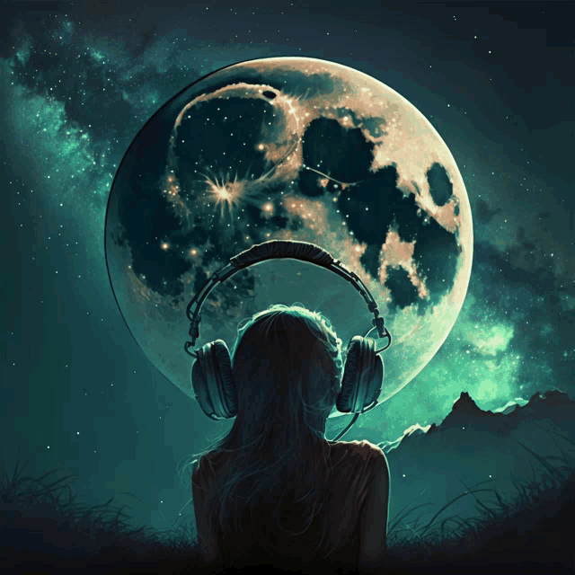 a girl wearing headphones looks at the moon