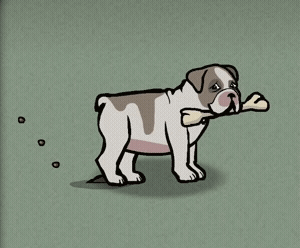 a cartoon drawing of a dog holding a bone in its mouth