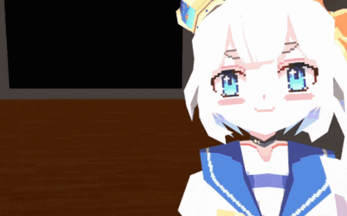 a cartoon character with white hair and blue eyes is smiling