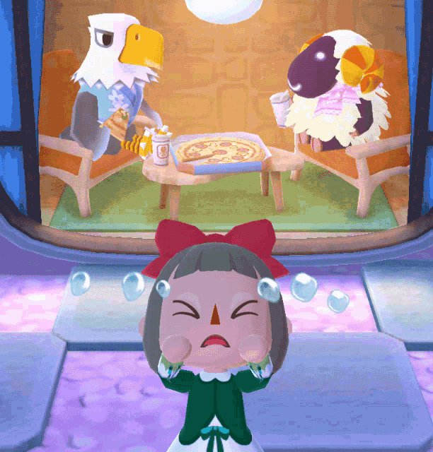 a cartoon eagle and sheep are sitting at a table with a pizza in it