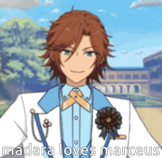 a cartoon of a man in a white suit with the words madara loves marcus