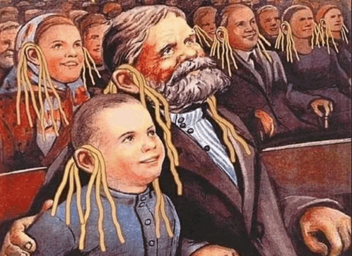 a painting of a man and a boy with spaghetti in their hair