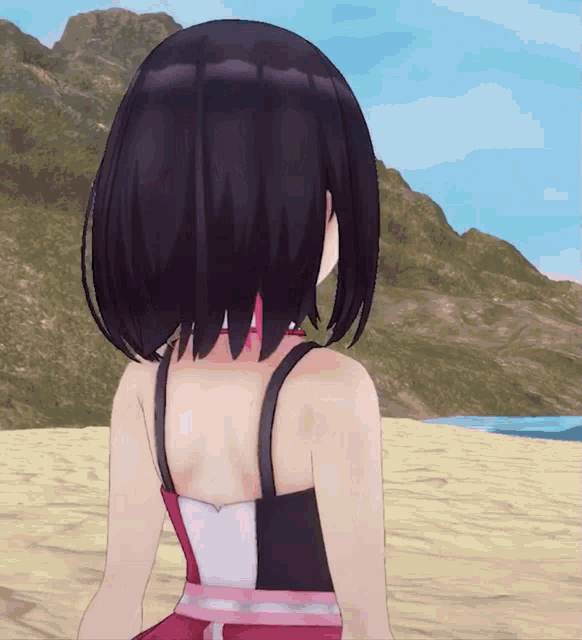 a girl with short black hair is sitting on a sandy beach