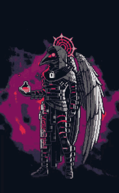 a pixel art drawing of a crow with wings
