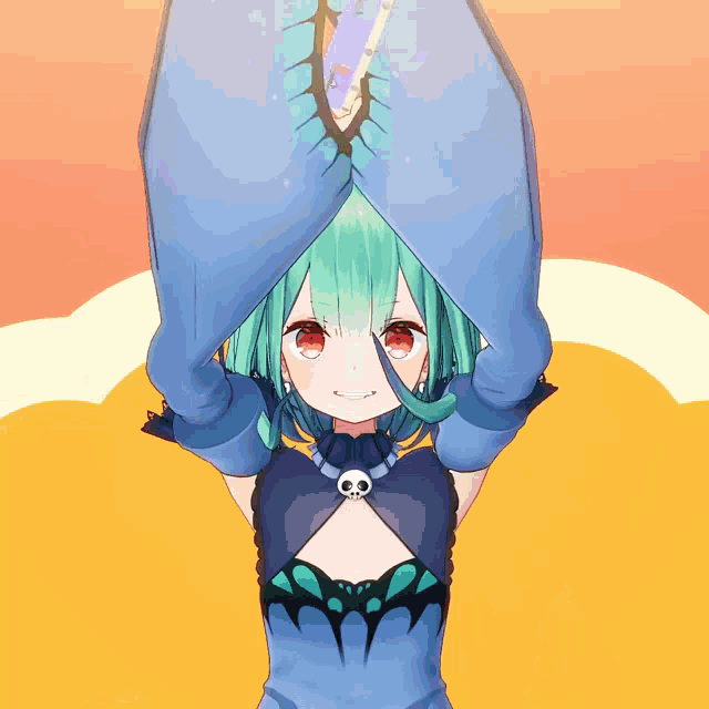 a girl with green hair and red eyes has a skull necklace