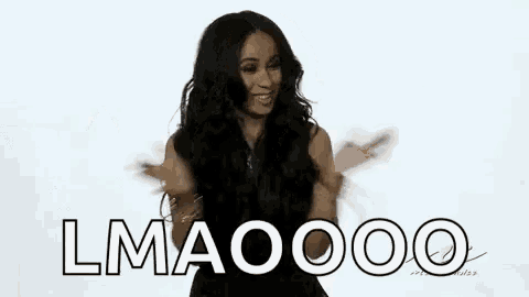 a woman in a black dress is dancing in front of a white background and the word lmaooo is written on the screen .