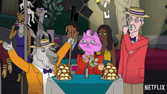 a group of people are gathered around a table with a netflix logo on the bottom