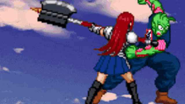 a pixel art of a girl holding an axe fighting a monster